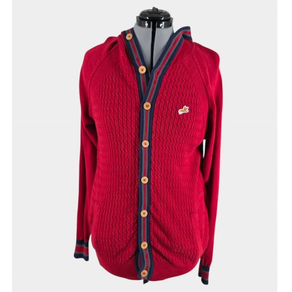 Akoo Cardigan Sweater Men's XL Hooded Button Down Cable Knit Stretch Preppy